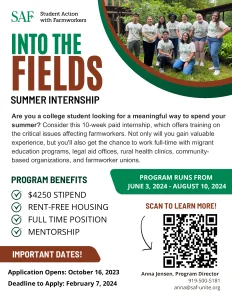 Student Action with Farmworkers summer internship flyer