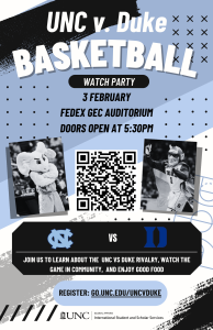 Flyer for February 3, 2024 Duke-UNC basketball watch party